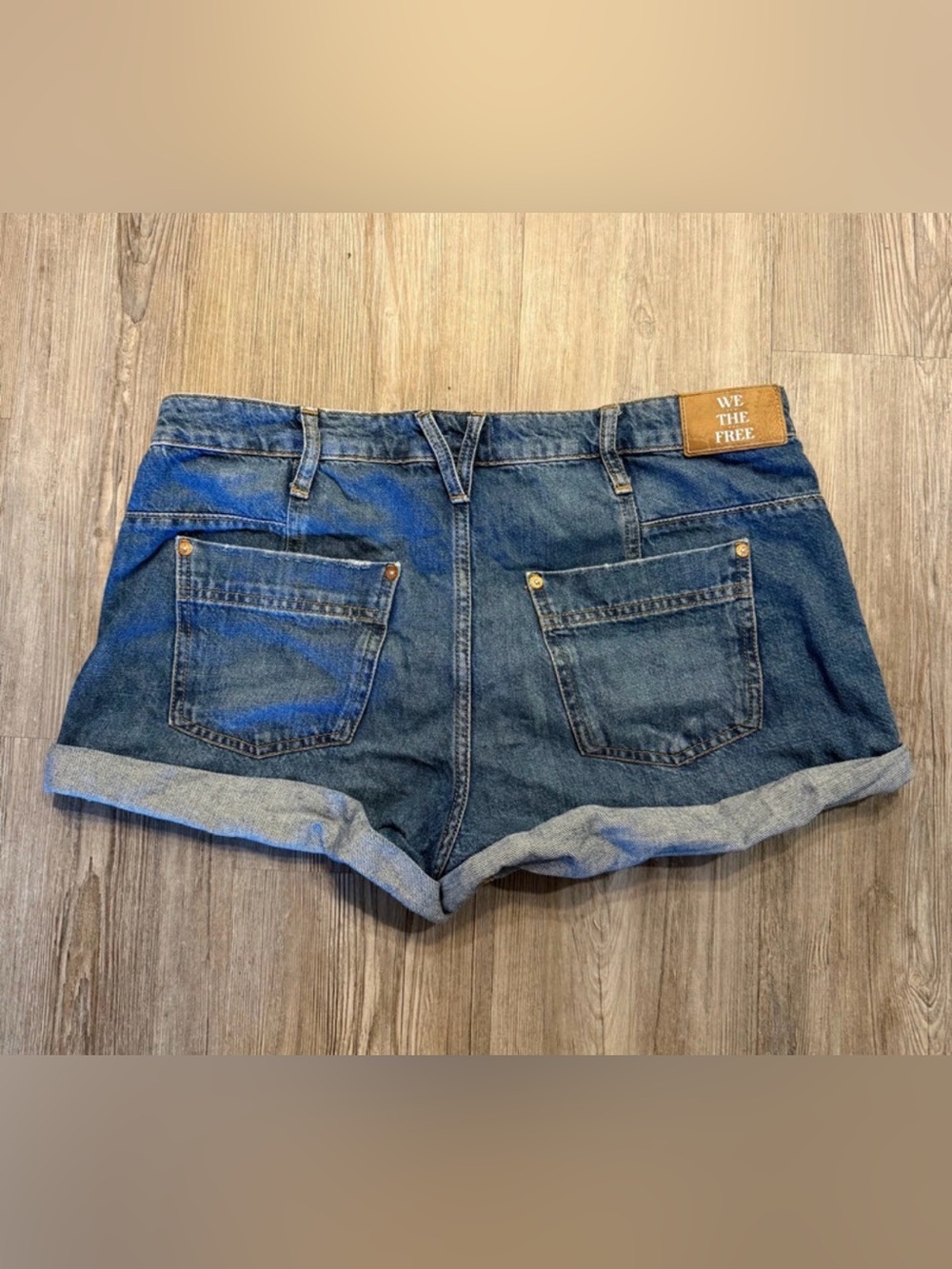 We The Free Distressed Blue Roll-Cuff Denim Shorts - Picture 5 of 9